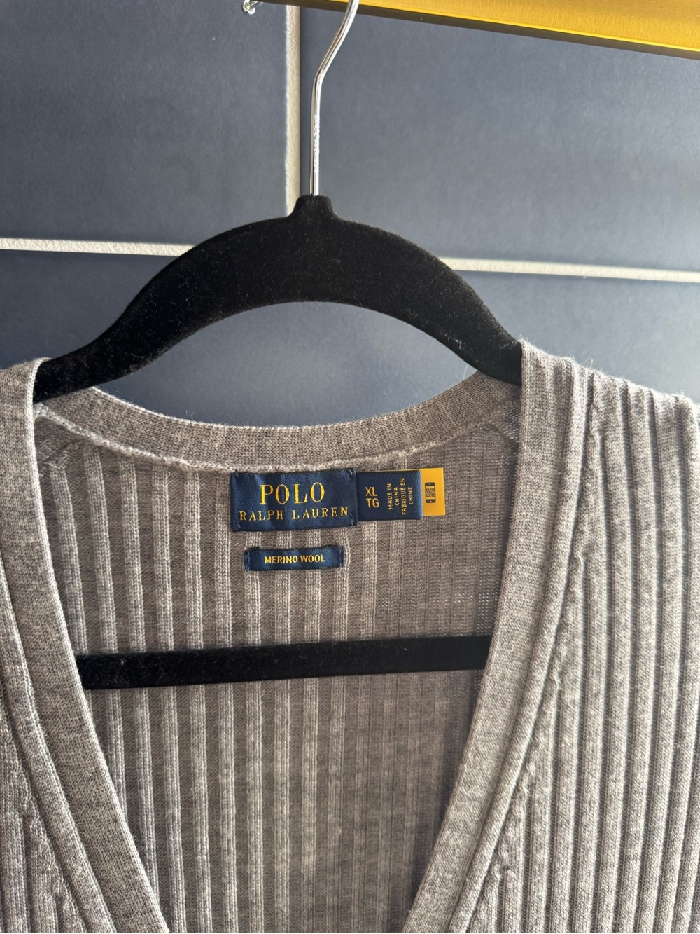 Polo by Ralph Lauren Gray Ribbed Merino Wool V-Neck Sweater